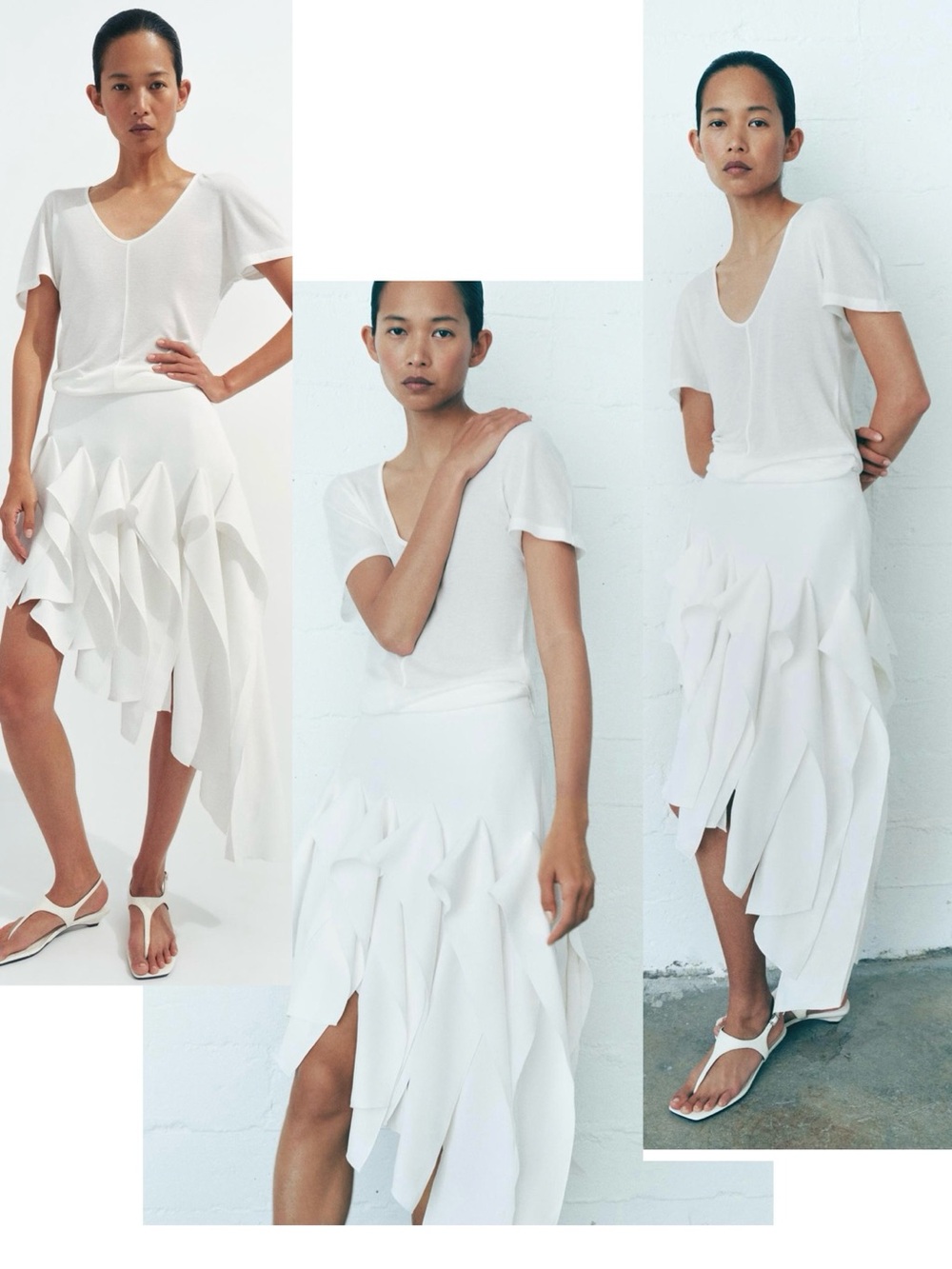 Zara ZW Collection White Asymmetric Ruffle Cascade Midi Skirt Sz S NWT